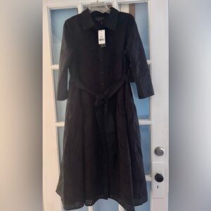 Gracia Black Long Sleeve Eyelet Dress with Tie Waist